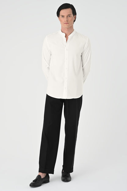 Men's Ecru Regular Fit Mandarin Collar Shirt