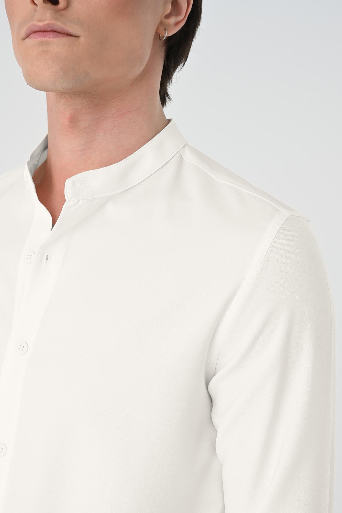 Men's Ecru Regular Fit Mandarin Collar Shirt -