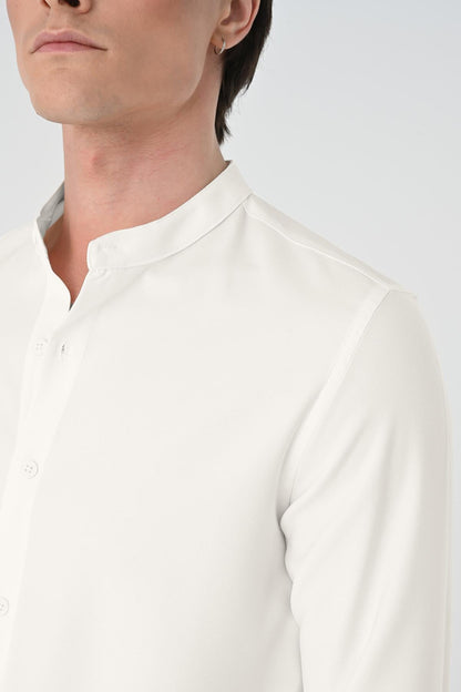 Men's Ecru Regular Fit Mandarin Collar Shirt -