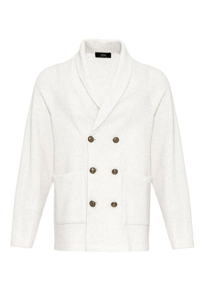 Ecru Shawl Collar Double-Breasted Men's Cardigan - Wessi
