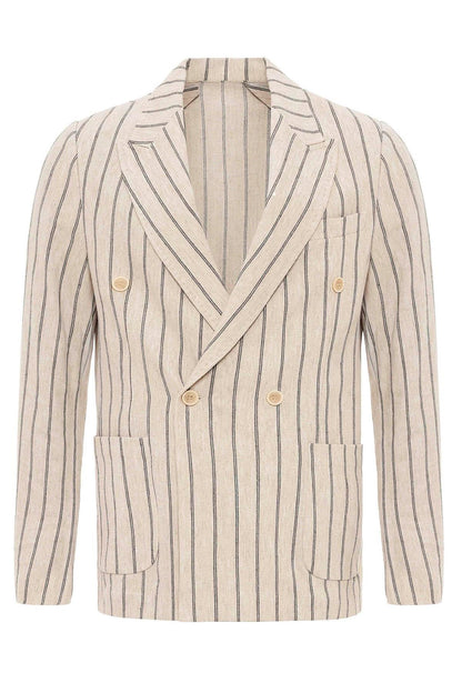 Men's Ecru-Black Linen Blend Double-Breasted Jacket