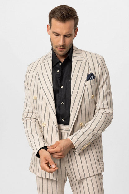 KOALA SYDNEY Men's Ecru-Black Linen Blend Double-Breasted Jacket