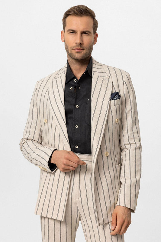 KOALA SYDNEY Men's Ecru-Black Linen Blend Double-Breasted Jacket