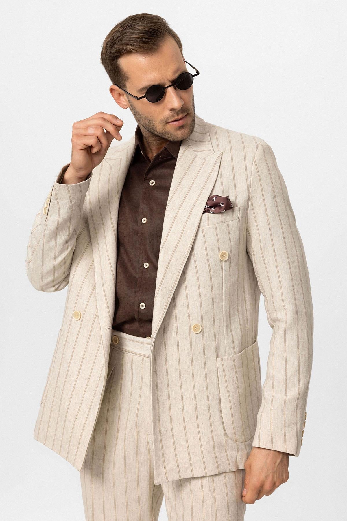 KOALA SYDNEY Men's Ecru-Mink Vizon Linen Blend Double-Breasted Jacket