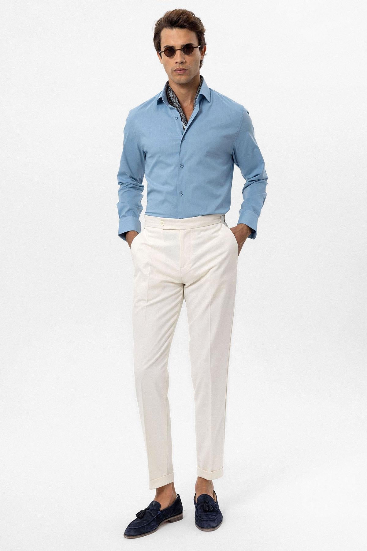 Men's Ecru High-Waist Regular Fit Pants