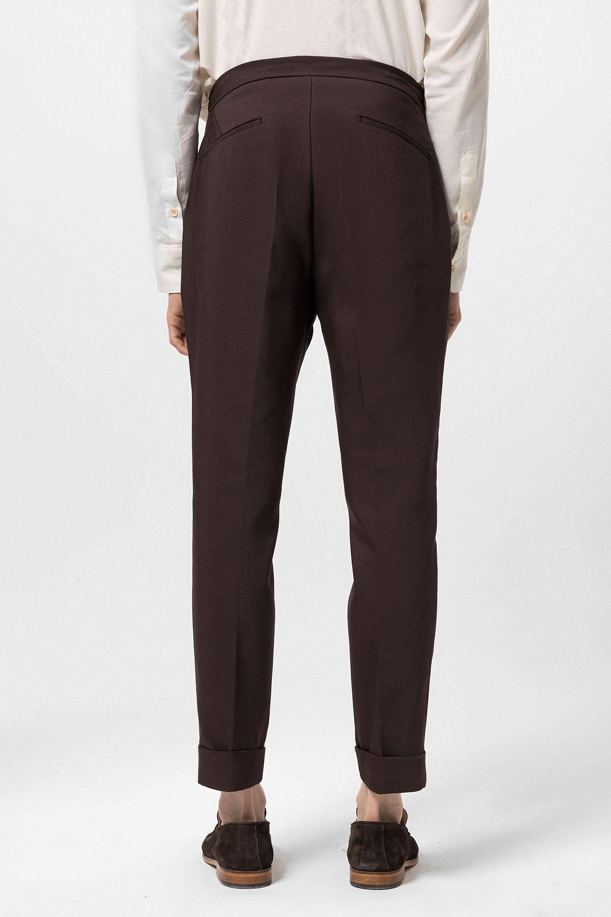 Men's Brown Elastic Waist Pleated Trousers