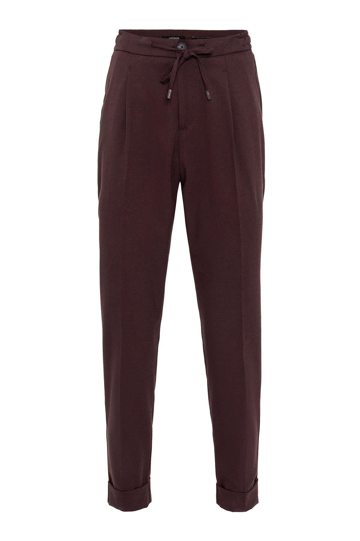 Men's Burgundy Elastic Waist Pleated Trousers