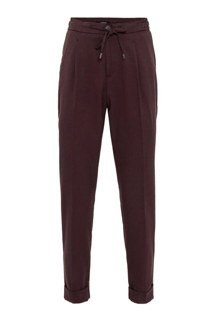 Men's Burgundy Elastic Waist Pleated Trousers