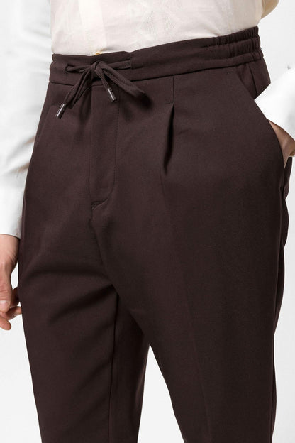 Men's Brown Elastic Waist Pleated Trousers