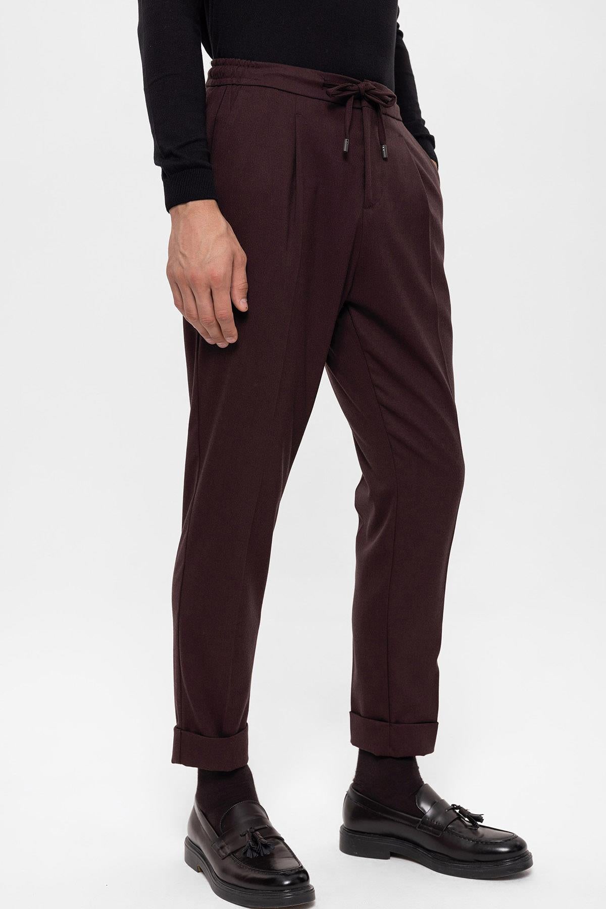 Men's Burgundy Elastic Waist Pleated Trousers