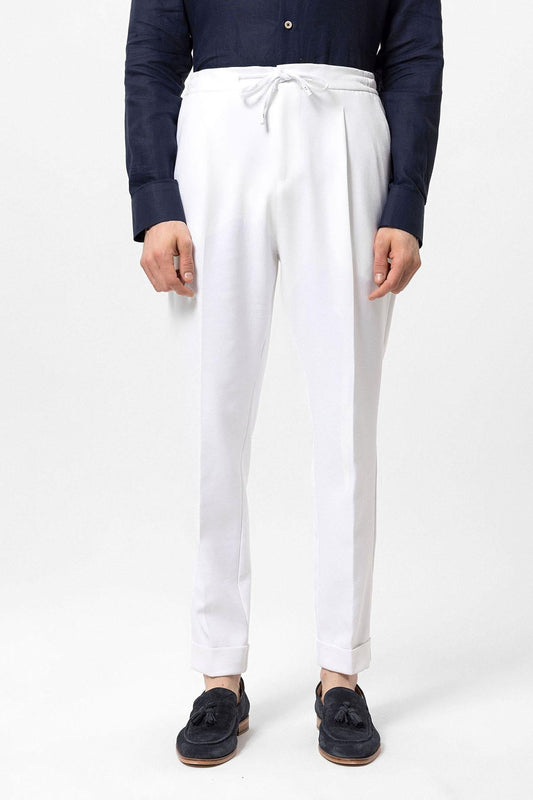 Men's White Elastic Waist Pleated Trousers