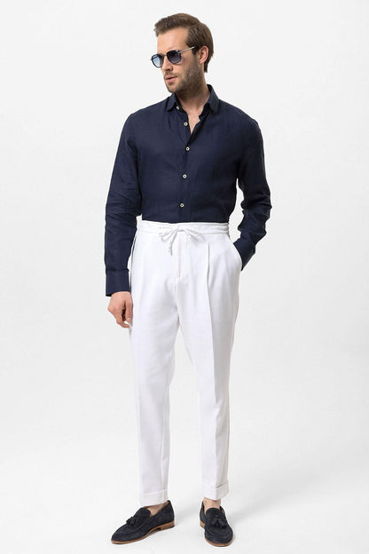 Men's White Elastic Waist Pleated Trousers