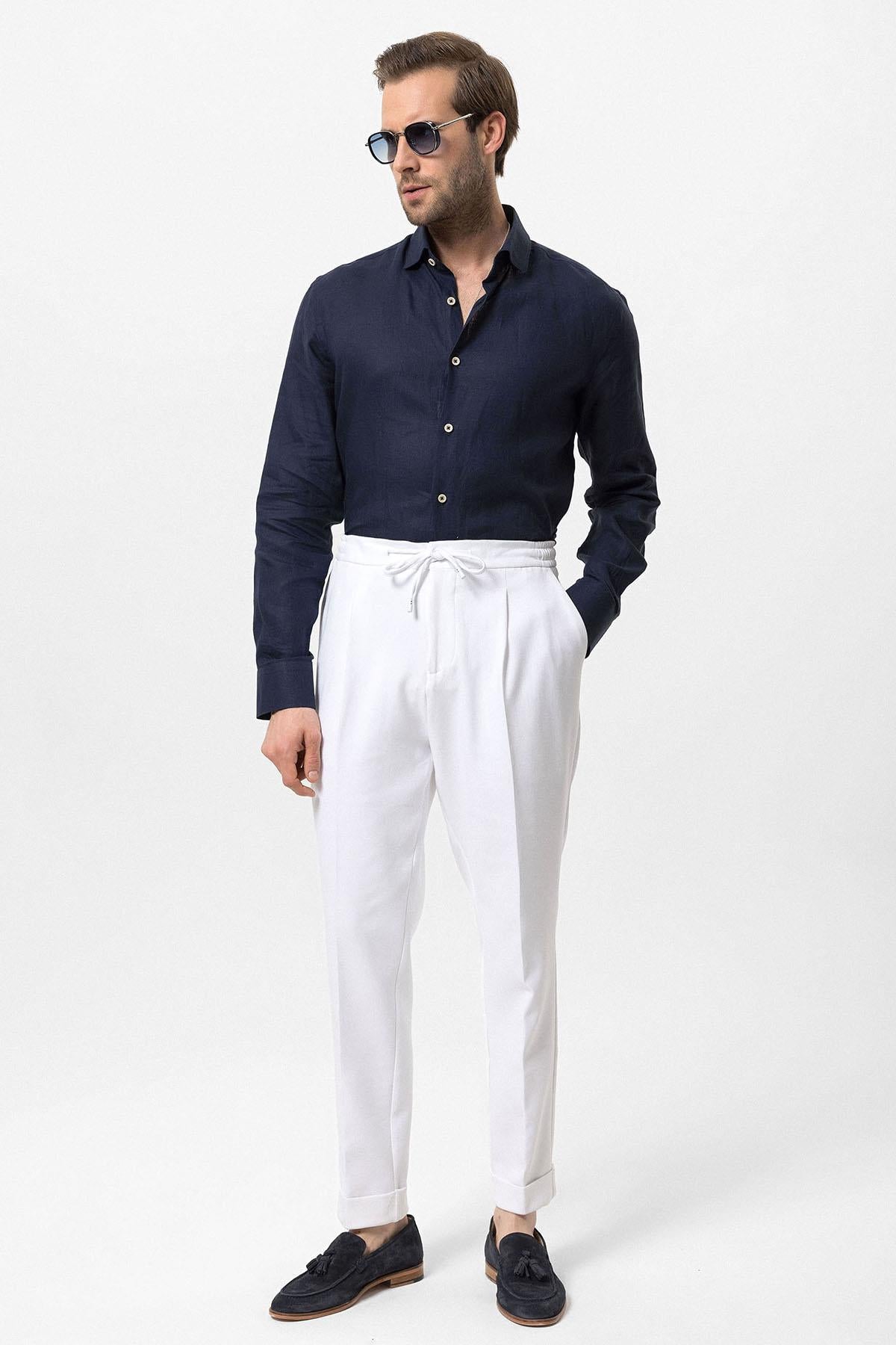 Men's White Elastic Waist Pleated Trousers