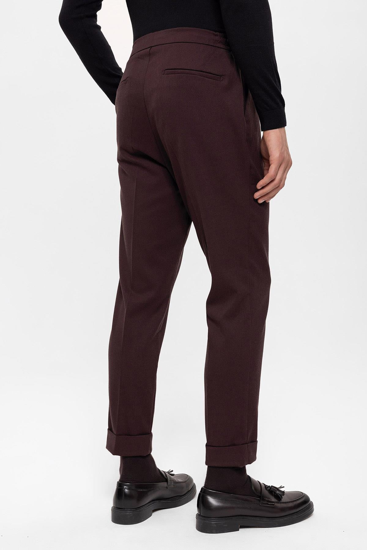 Men's Burgundy Elastic Waist Pleated Trousers