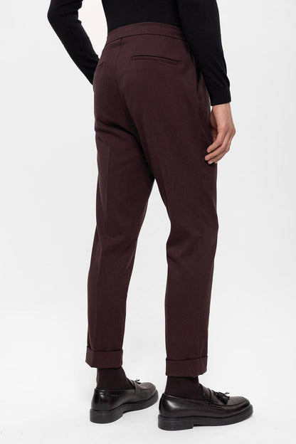 Men's Burgundy Elastic Waist Pleated Trousers