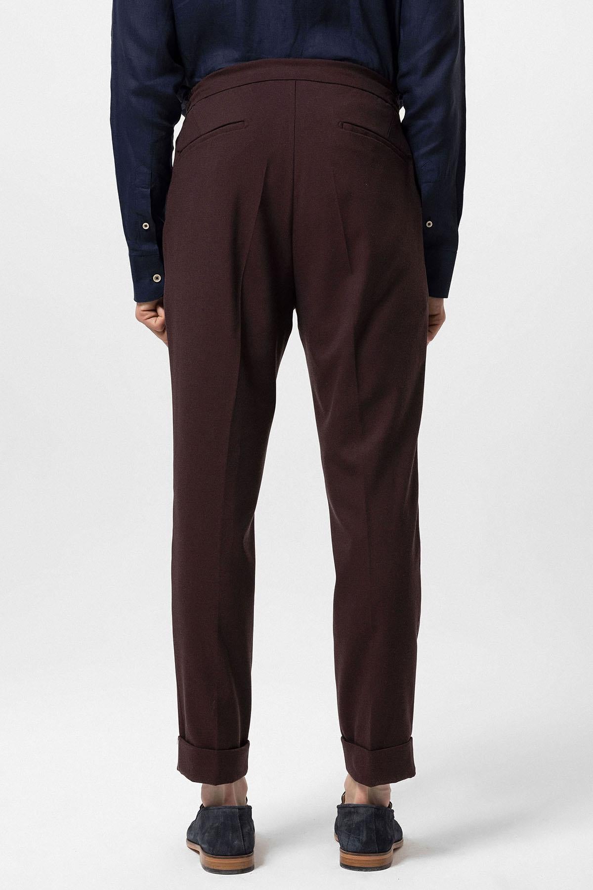 Men's Burgundy Elastic Waist Pleated Trousers