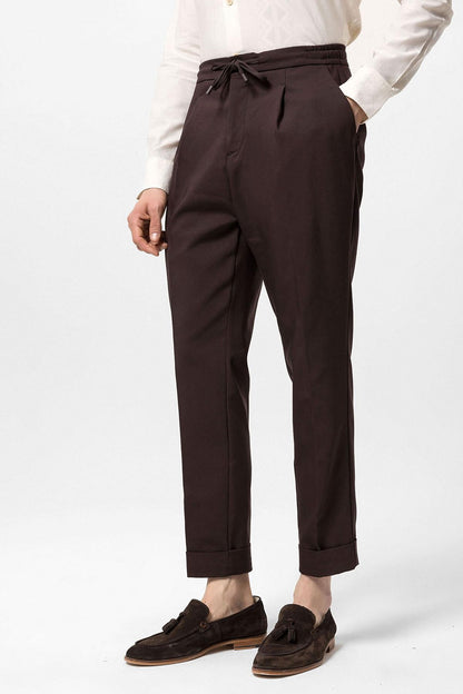Men's Brown Elastic Waist Pleated Trousers