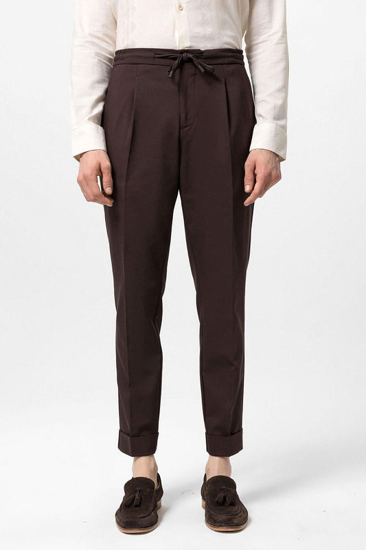 Men's Brown Elastic Waist Pleated Trousers