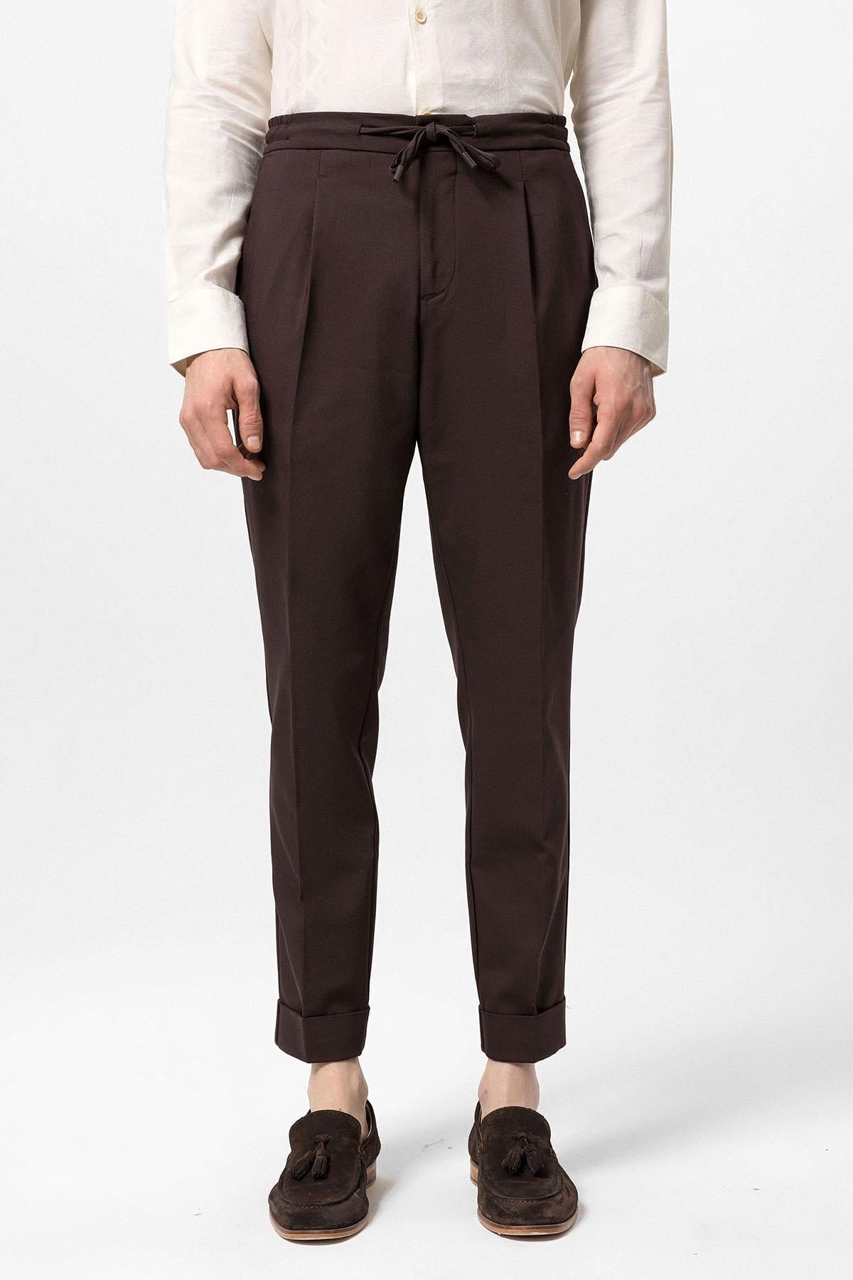 Men's Brown Elastic Waist Pleated Trousers