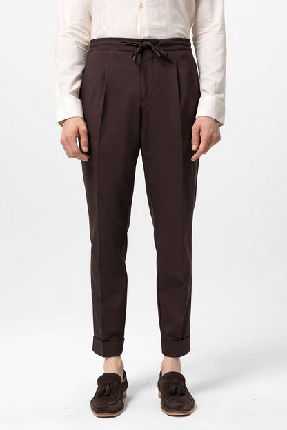 Men's Brown Elastic Waist Pleated Trousers