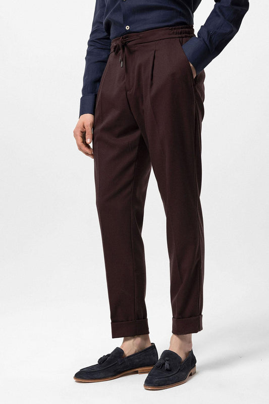 Men's Burgundy Elastic Waist Pleated Trousers