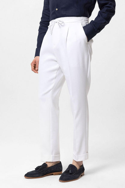 Men's White Elastic Waist Pleated Trousers