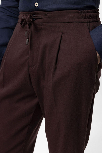 Men's Burgundy Elastic Waist Pleated Trousers