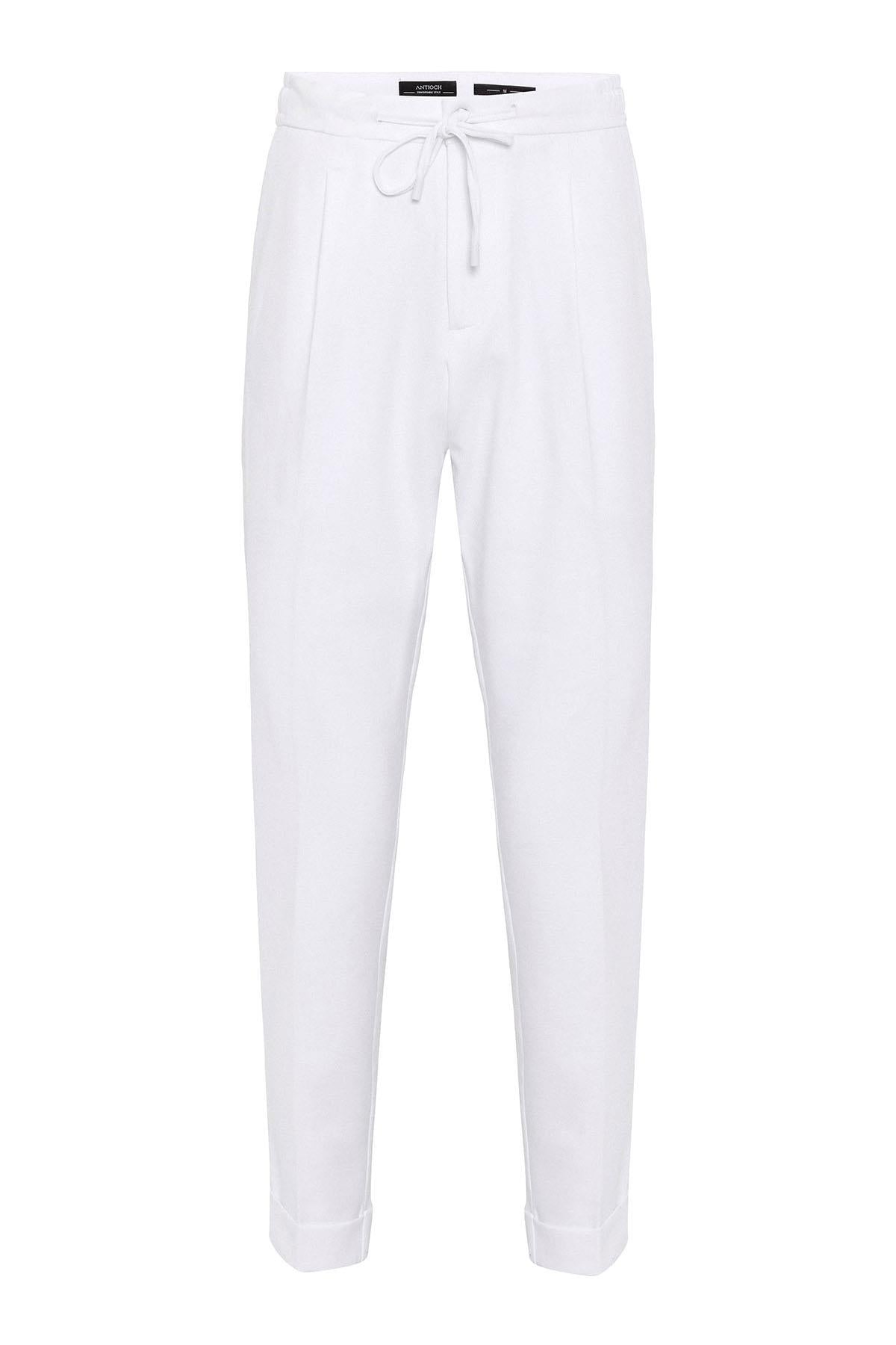 Men's White Elastic Waist Pleated Trousers