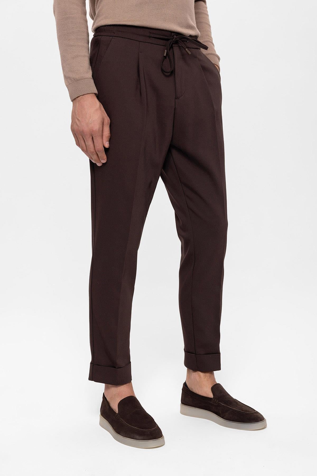 Men's Brown Elastic Waist Pleated Trousers