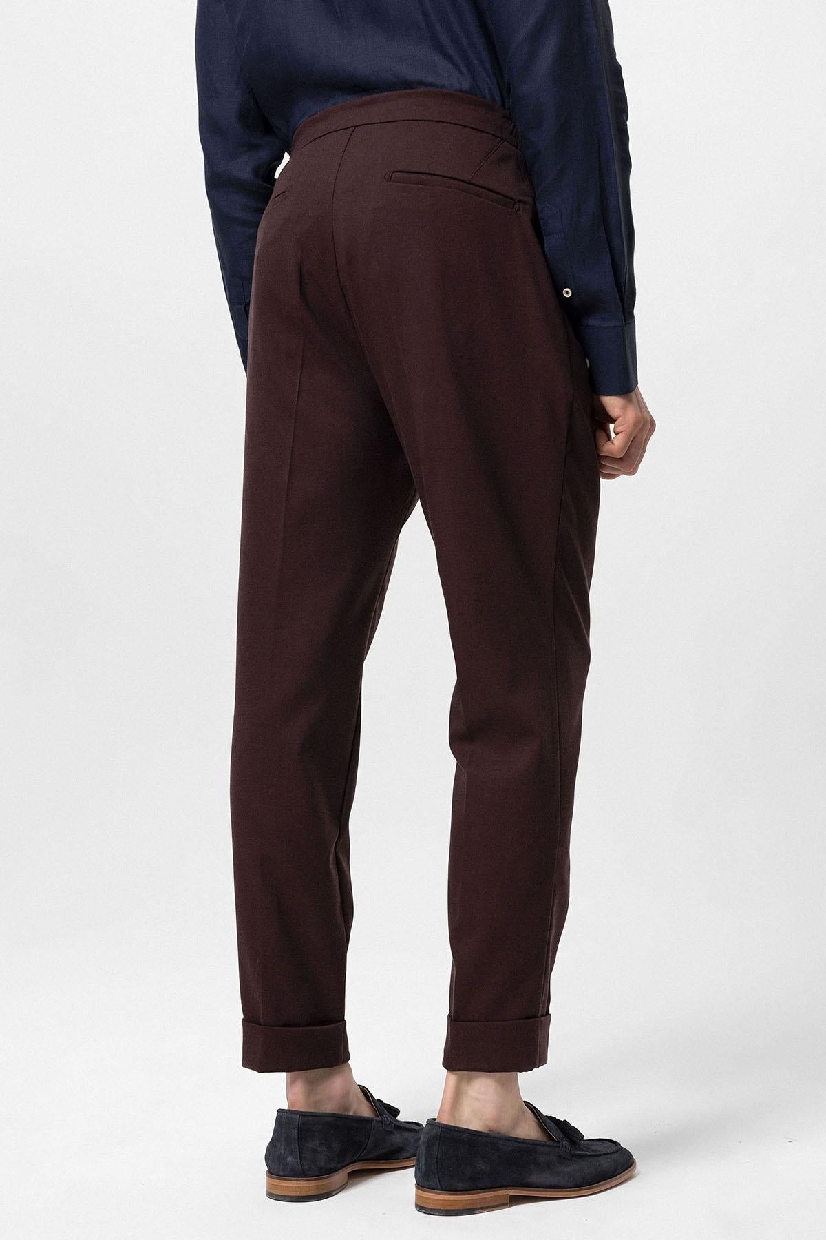 Men's Burgundy Elastic Waist Pleated Trousers