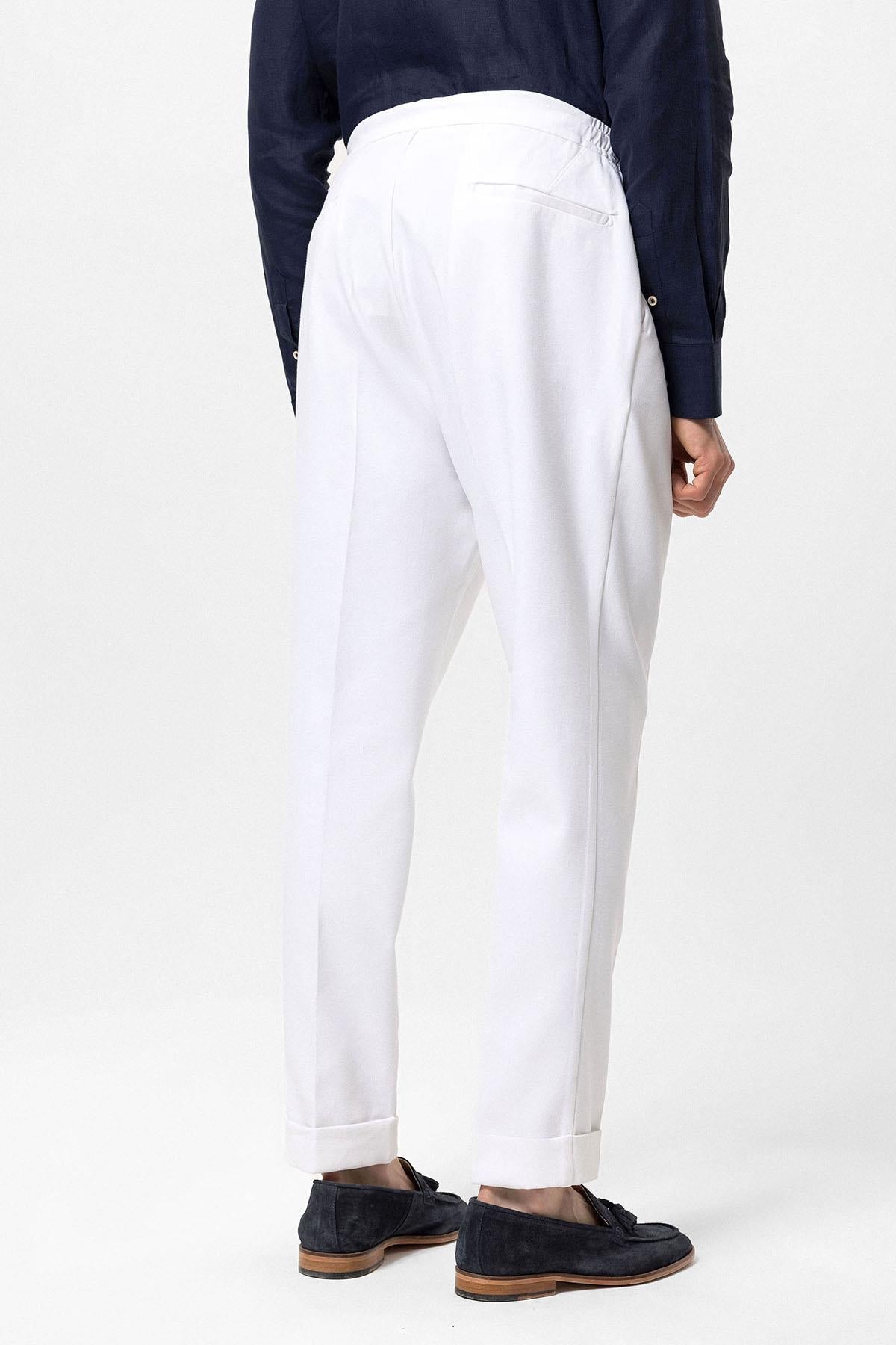 Men's White Elastic Waist Pleated Trousers