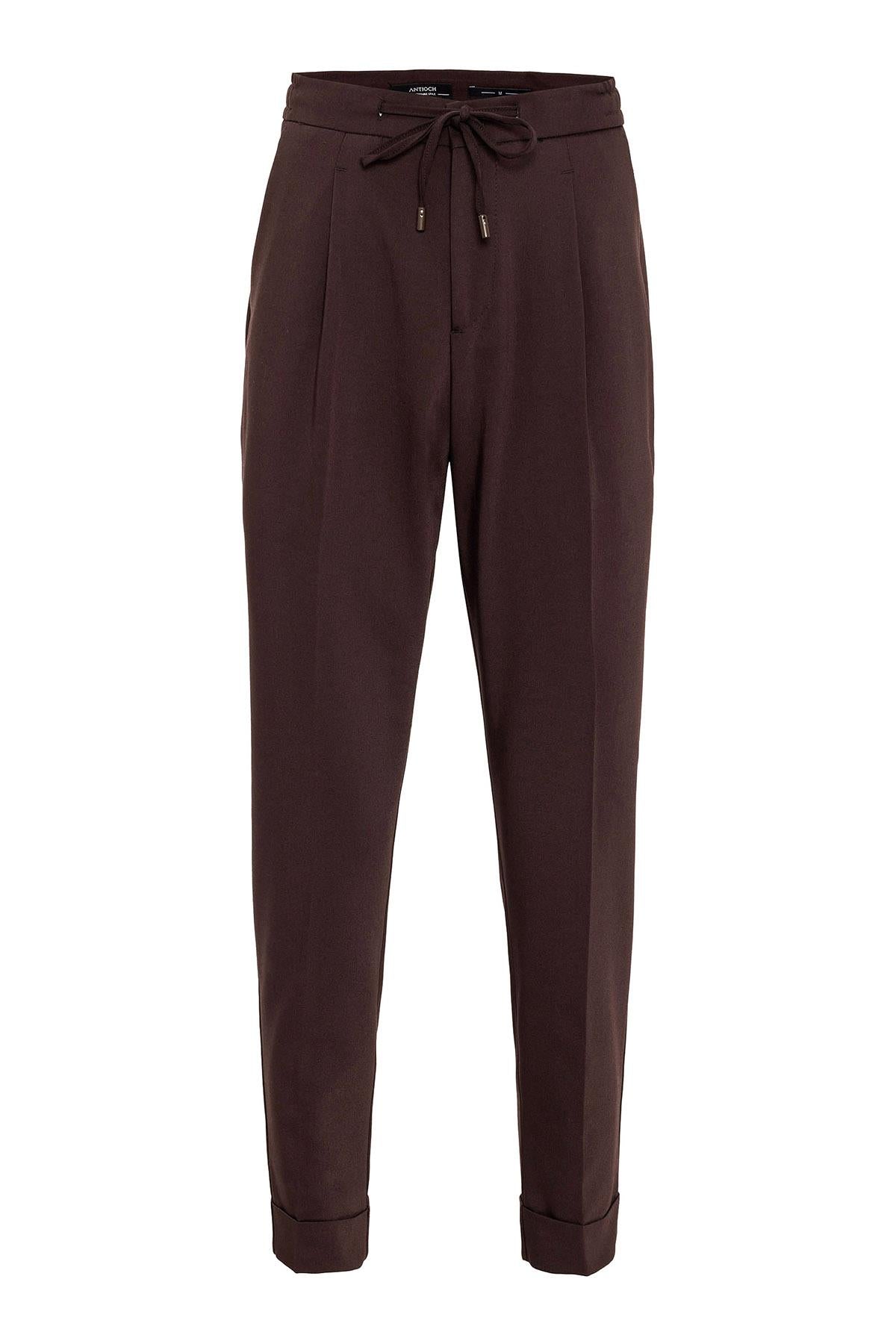 Men's Brown Elastic Waist Pleated Trousers