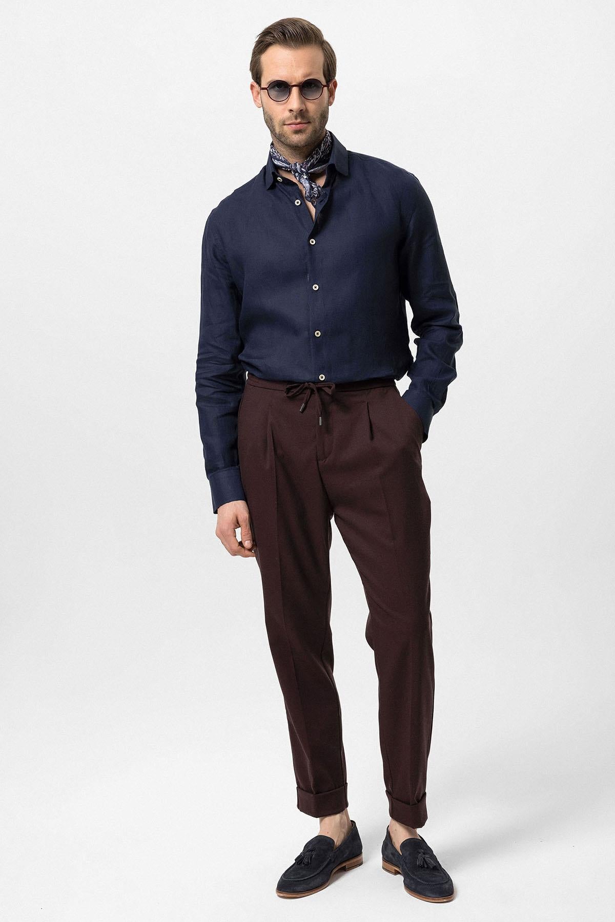 Men's Burgundy Elastic Waist Pleated Trousers