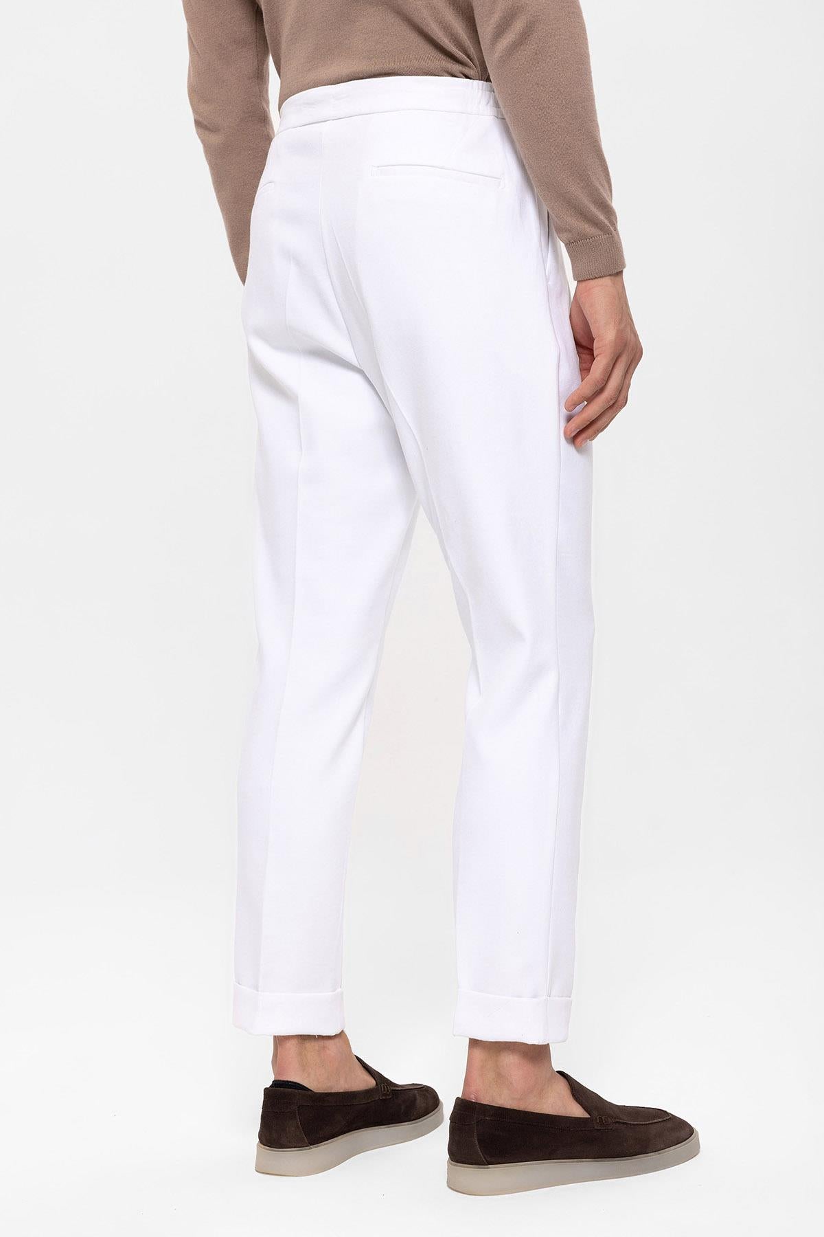 Men's White Elastic Waist Pleated Trousers