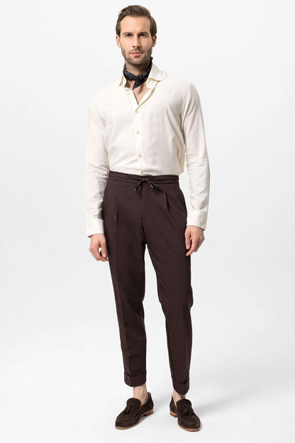 Men's Brown Elastic Waist Pleated Trousers