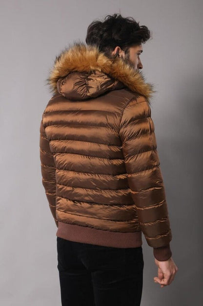 Fur Hooded Men's Puffer Coat in Tan