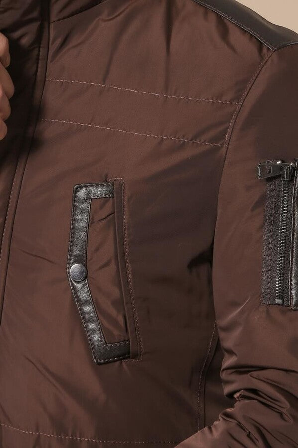 Leather Modeled Brown Slim Fit Quilted Jacket