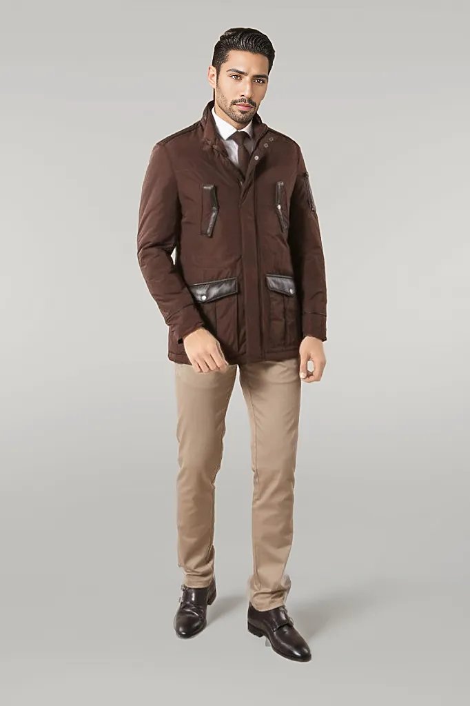 Leather Modeled Brown Slim Fit Quilted Jacket