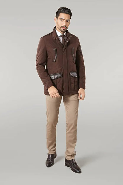 Leather Modeled Brown Slim Fit Quilted Jacket