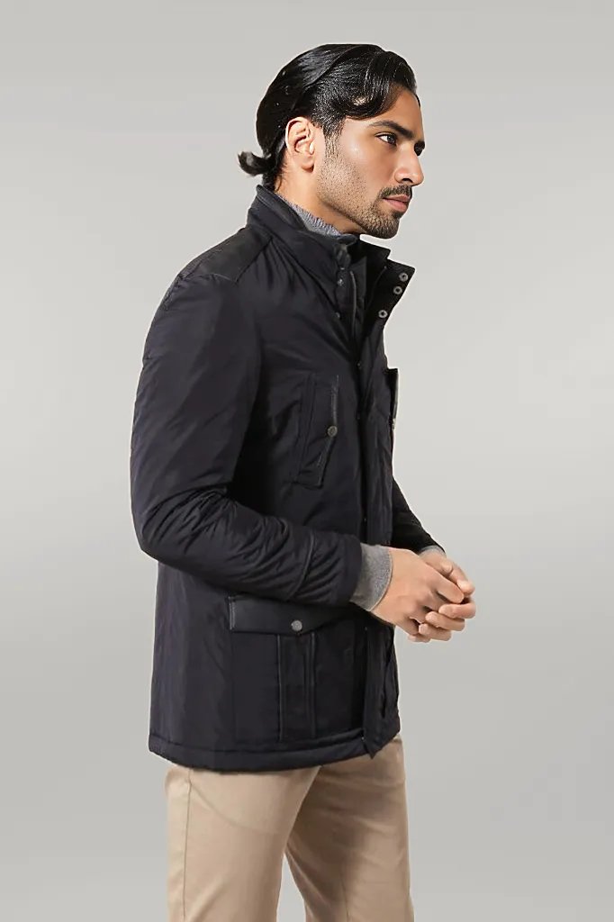 Leather Modeled Navy Blue Slim Fit Quilted Jacket