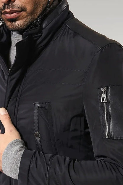 Leather Modeled Navy Blue Slim Fit Quilted Jacket