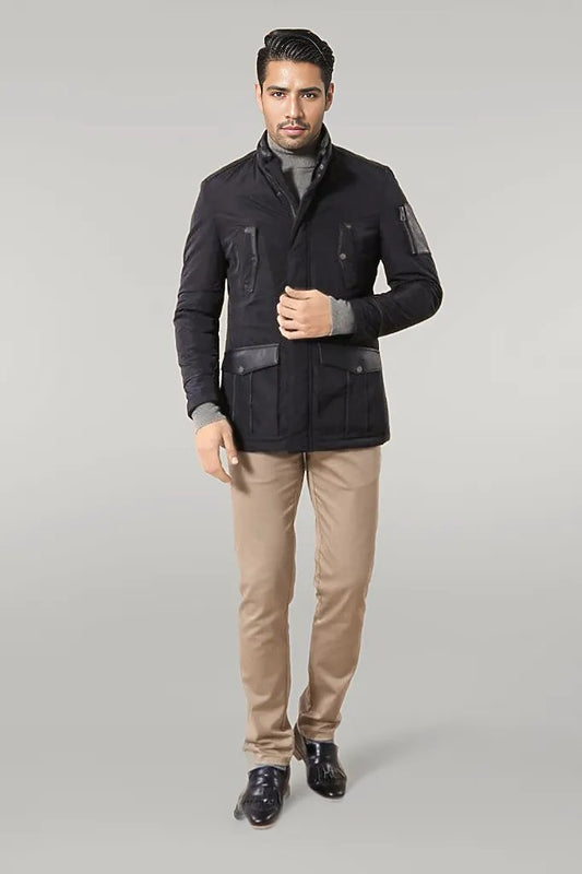 Leather Modeled Navy Blue Slim Fit Quilted Jacket