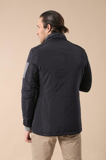 Leather Modeled Navy Blue Slim Fit Quilted Jacket
