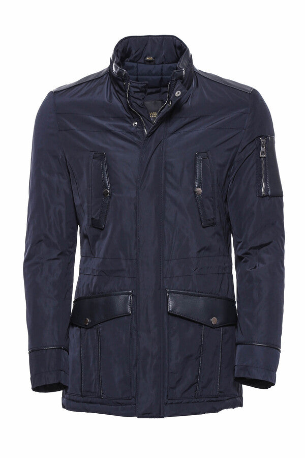 Leather Modeled Navy Blue Slim Fit Quilted Jacket