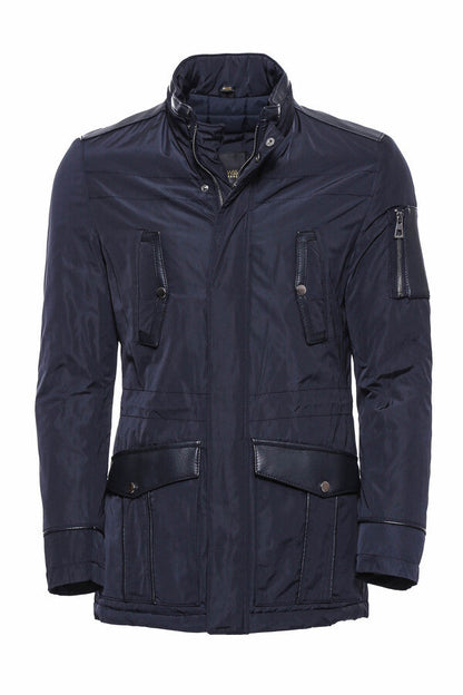 Leather Modeled Navy Blue Slim Fit Quilted Jacket