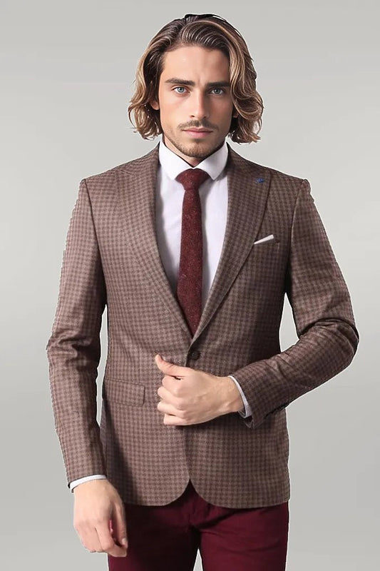 Single Button Plaid Brown Blazer