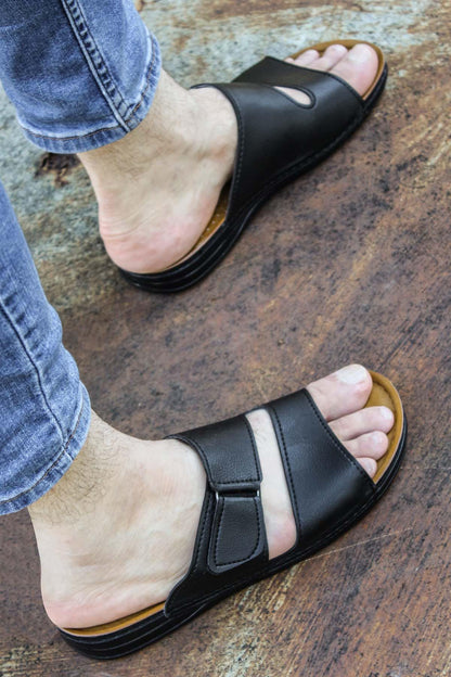 Men's Black Leather Slide Sandals with Cutout Design