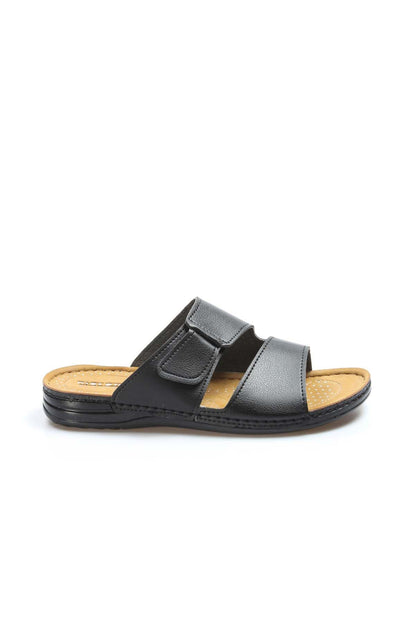 Men's Black Leather Slide Sandals with Cutout Design