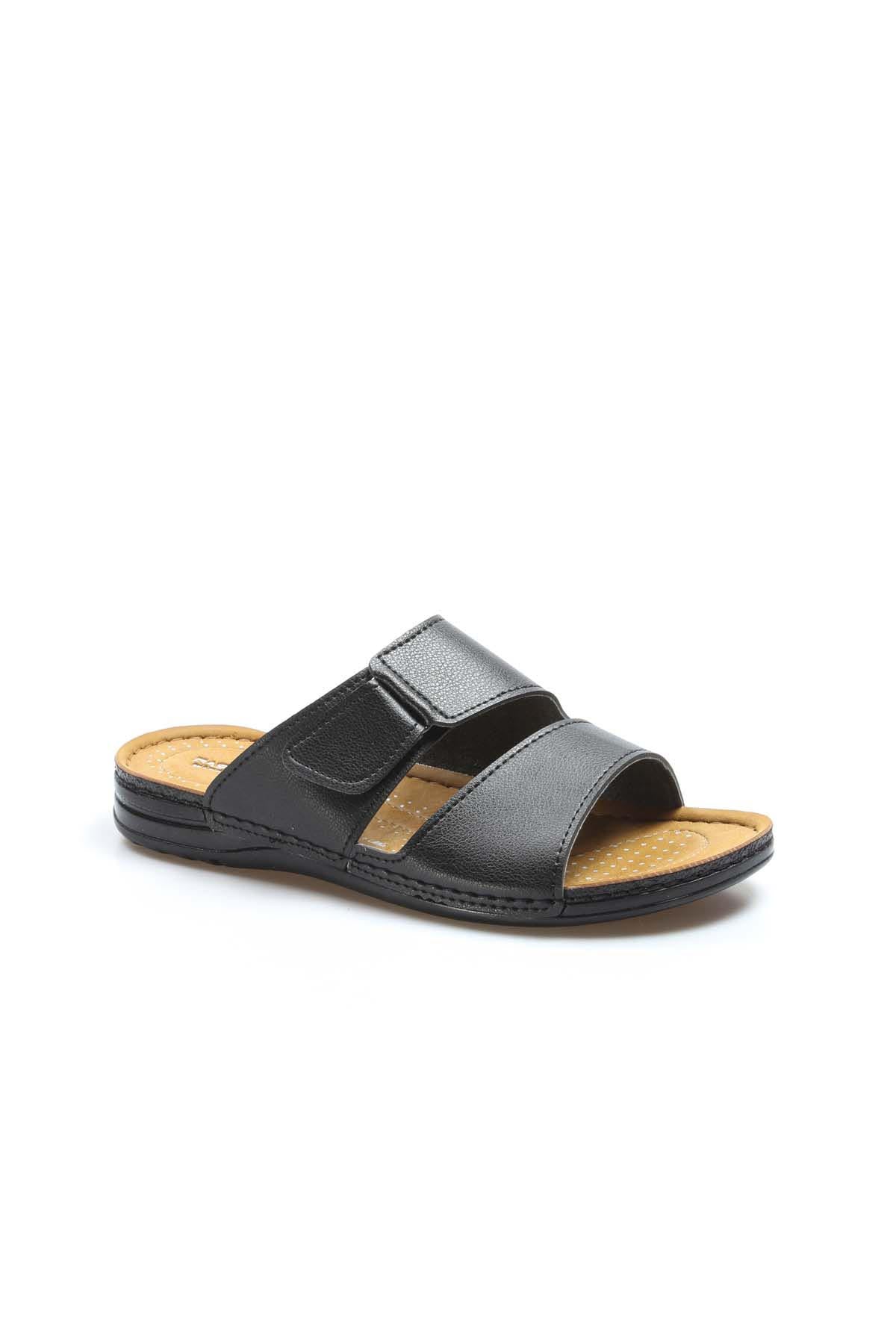 Men's Black Leather Slide Sandals with Cutout Design