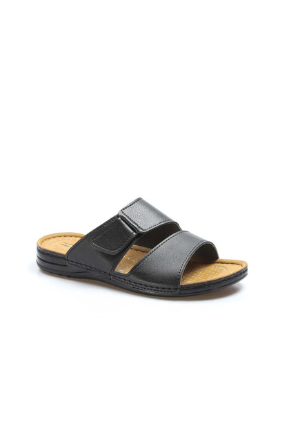 Men's Black Leather Slide Sandals with Cutout Design